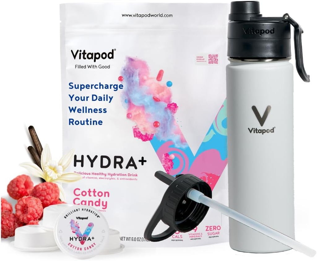 Vitapod Hydra+ Coton Aromatisé Aromatisé en Coton Enhancer Pods Groupe de démarrage, Aromatisant en eau, Sans sucre, Vitamine C, Vitamine D, Zinc, 30 Pods, Bouteille d'eau en acier inoxydable 22 oz, Blanc