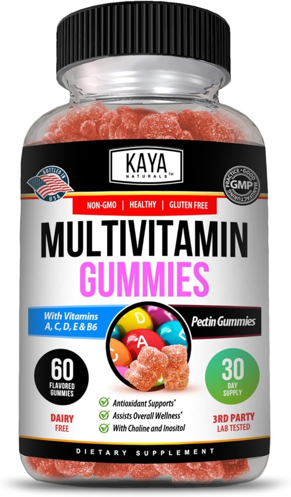 Kaya Naturals Adult Multi Vitamin Gummy, Biotin, Vitamin A, C & E, Including Zinc &Vitamin B-12, Folic Acid, Strawberry Flavor | Gluten-Free multivitamins Sweet Adult Gummies - 60 Gummies