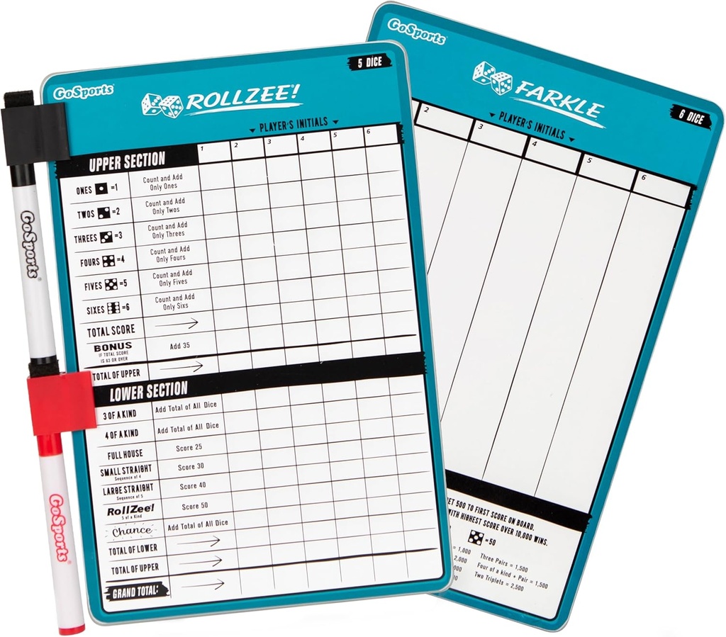 Tableau d'affichage GoSports à sec Rollzee et Farkle - Taille géante avec 2 stylos