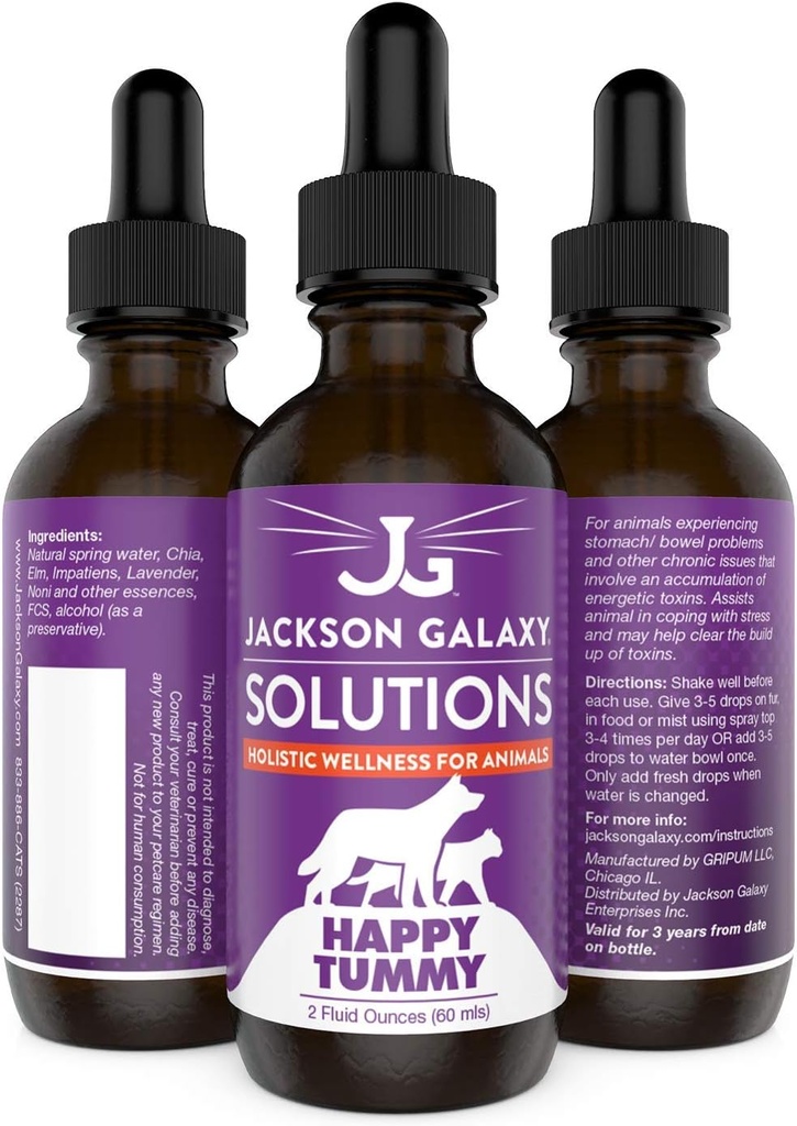Jackson Galaxy: Happy Tummy (2 oz.) - Solution pour animaux de compagnie - Aide avec le stress et décharge des toxines - Peut aider avec les problèmes d'estomac (IBD, Constipation, etc.) - Formule tout naturel - Reiki Energy