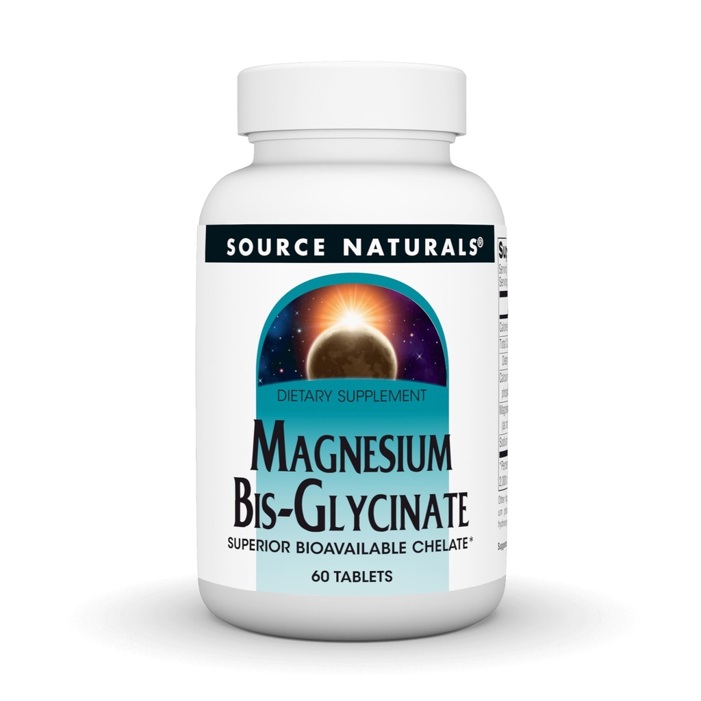 Source Naturelles Bis-Glycinate de magnésium, Supérieur Biodisponible Chélalate*, Chélaté pour absorption accrue, 200 mg par portion - 60 comprimés