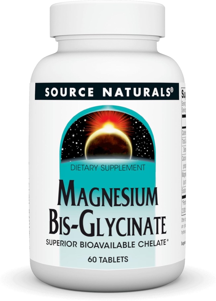 Source Naturelles Bis-Glycinate de magnésium, Supérieur Biodisponible Chélalate*, Chélaté pour absorption accrue, 200 mg par portion - 60 comprimés