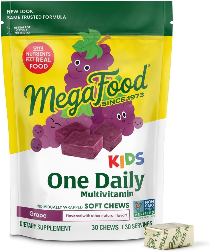 MegaFood Kids Un jour Multivitamin Soft Chews - Vitamines pour enfants avec vitamine B, vitamine C, vitamine D et vitamine E - Âge 4+, Végétarien, Fabriqué sans 9 Allergènes alimentaires - Arôme de raisin - 30 Chews