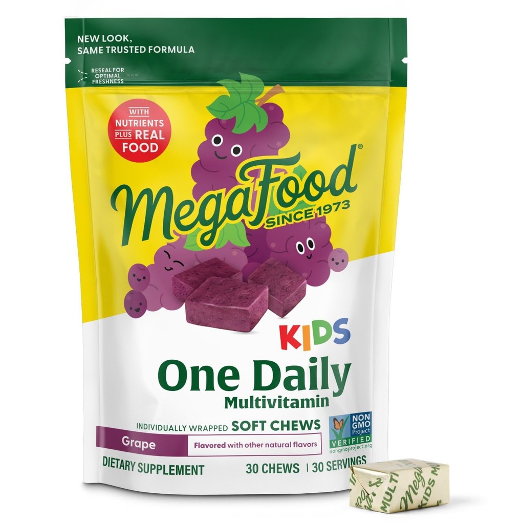 MegaFood Kids Un jour Multivitamin Soft Chews - Vitamines pour enfants avec vitamine B, vitamine C, vitamine D et vitamine E - Âge 4+, Végétarien, Fabriqué sans 9 Allergènes alimentaires - Arôme de raisin - 30 Chews