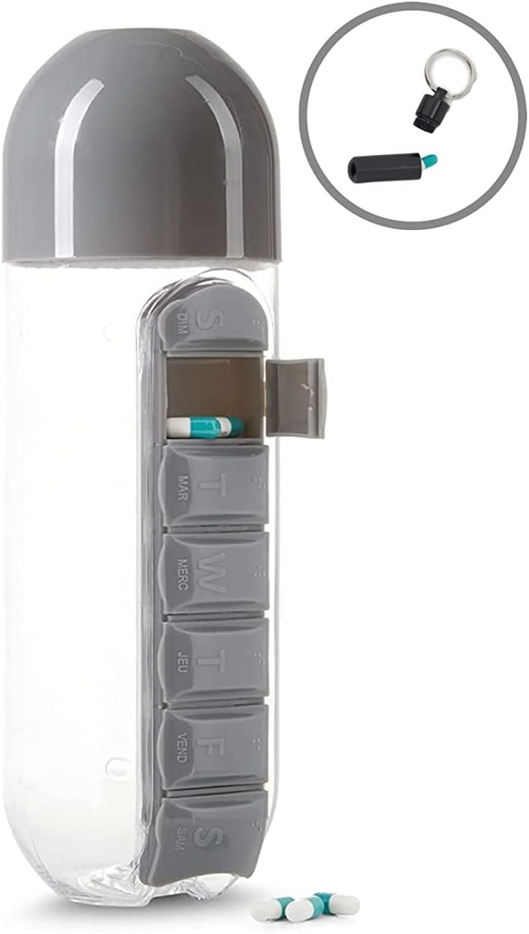 Urban Essentials Bouteille d'eau Portable Pill Insertion Organizer Bouteille d'eau avec le supplément de supplément de vitamine quotidienne intégré - avec le porte-clés gratuit Pill BPA Bouteille en plastique libre