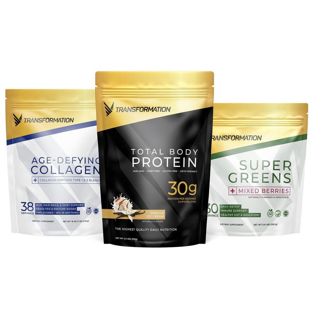 Transformation Vanilla Protéines Poudre de 30G Multi-Protéines Superbe + Herbacé Hydrolyzed Collagène Peptides Poudre- Cheveux, Peau, Nails + Bio Super Greens Poudre- Immmune & Soutien énergétique