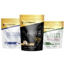 Transformation Vanilla Protéines Poudre de 30G Multi-Protéines Superbe + Herbacé Hydrolyzed Collagène Peptides Poudre- Cheveux, Peau, Nails + Bio Super Greens Poudre- Immmune & Soutien énergétique