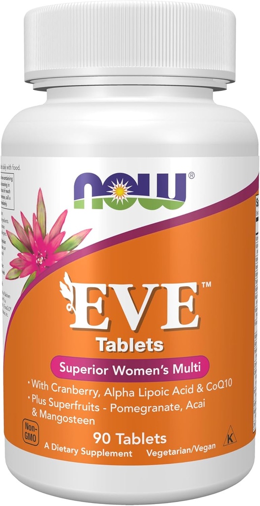 NOW Foods Supplements, Eve™ Women's Multivitamin with Cranberry, Alpha Lipoic Acid and CoQ10, plus Superfruits - Pomegranate, Acai & Mangosteen, 90 Tablets