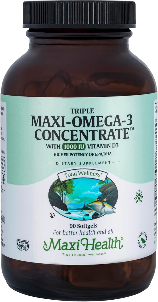 Maxi Health Triple Oméga-3 Concentrate - Huile de poisson - Capsules de vitamine D3-90 de 1000 UI - Casher