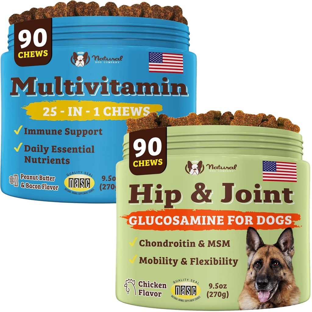 Natural Dog Company Suppléments pour chiens seniors et chiens actifs - Multivitamin Chews & Hip & Joint Relief - Soutien nutritionnel complet pour la santé conjointe, les vitamines pour chiens, l'énergie et la vitalité
