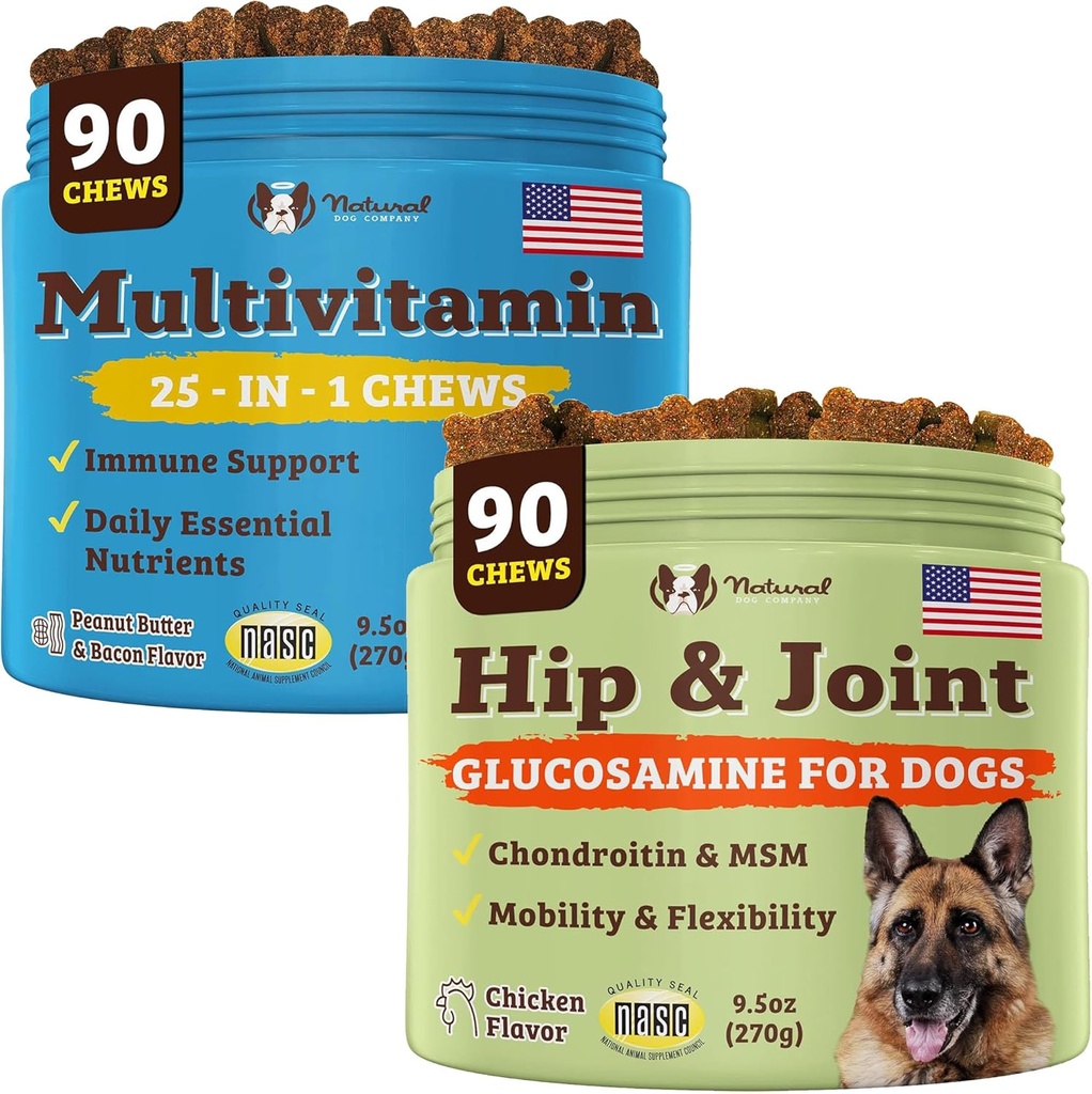Natural Dog Company Suppléments pour chiens seniors et chiens actifs - Multivitamin Chews & Hip & Joint Relief - Soutien nutritionnel complet pour la santé conjointe, les vitamines pour chiens, l'énergie et la vitalité
