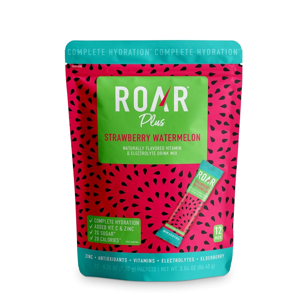 Poudre d'hydratation complète rugueuse Plus - Paquets d'hydratation avec Zinc et Elderberry - Poudre d'électrolytes Pas d'OGM, sans gluten - Twist tropical - 12 pc