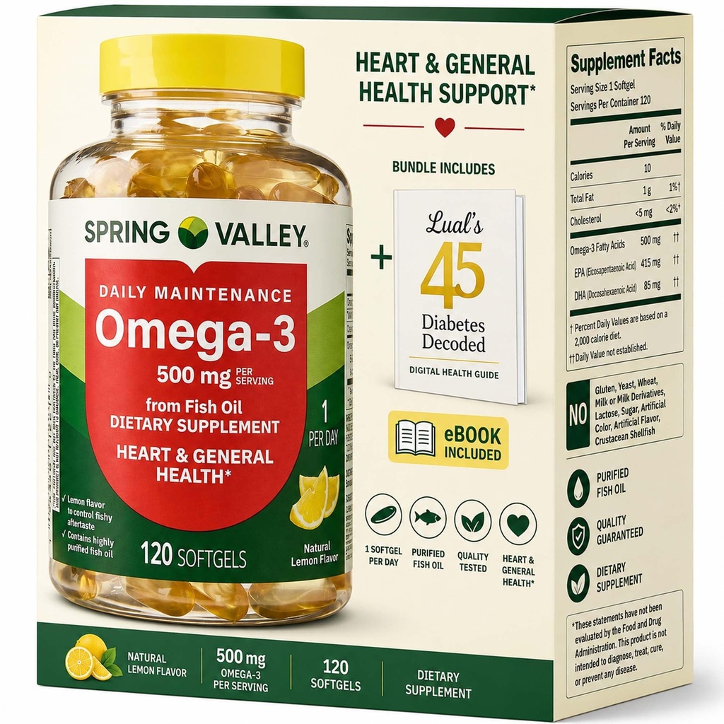 Spring Valley Omega-3 de l'huile de poisson 500 mg 120 Compte, SoftGels, complément alimentaire général et de santé cardiaque avec 45 Diabète Décodé de Luall