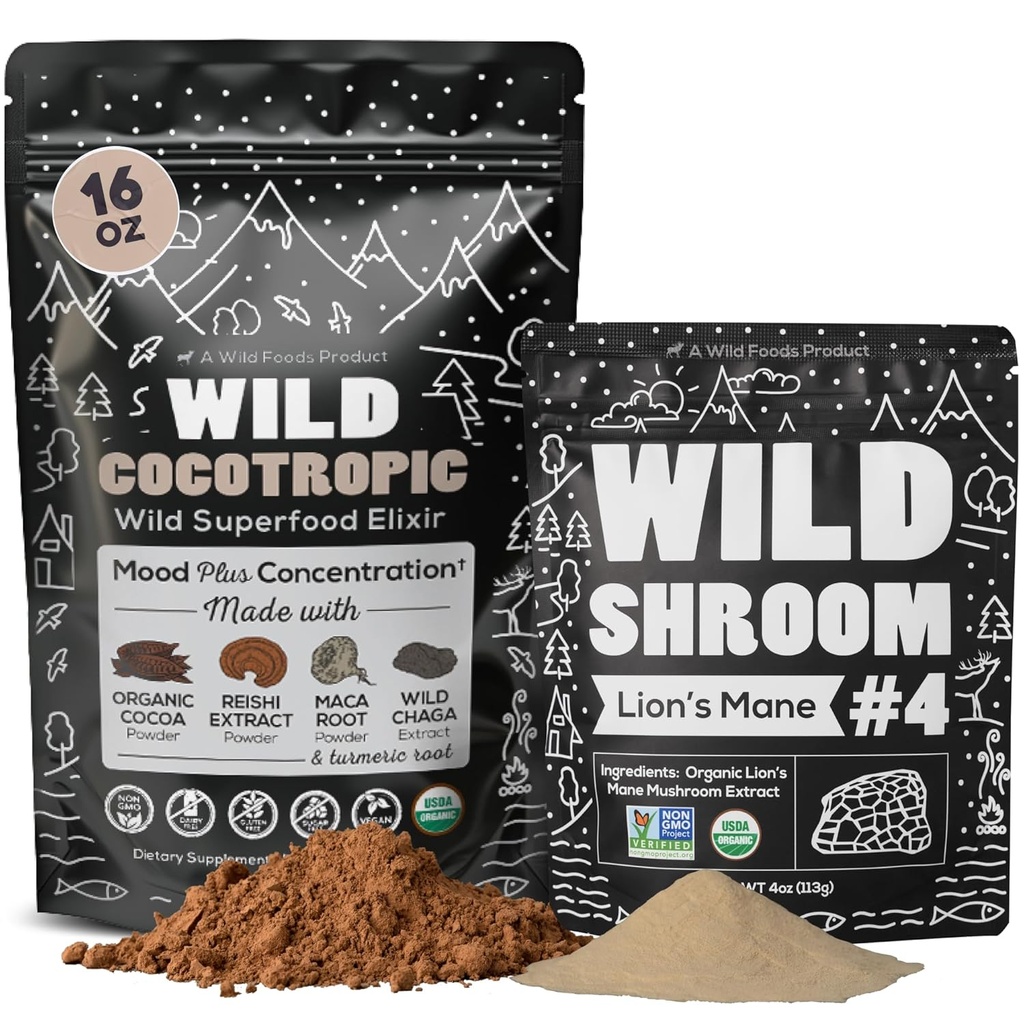 Cocotropic Organic Mushroom Cacao Mix (16oz) & Lion’s Mane Powder (4oz) Bundle for Focus and Brain Health