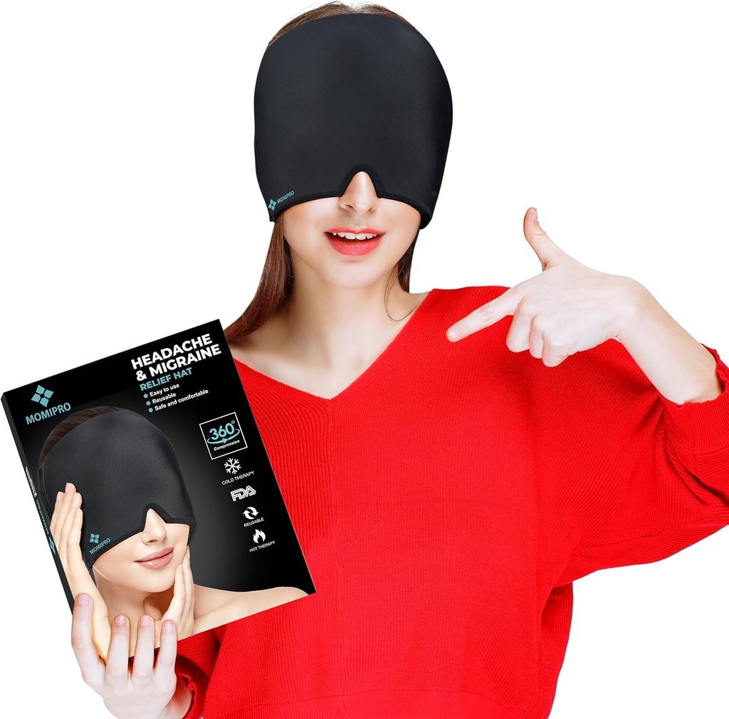 Casquette de soulagement des maux de tête de la migraine, chapeau de thérapie à 360 têtes chaudes et froides avec gel frais, enveloppe de la tête de glace et masque de pack froid, bouchon pour les yeux pour la tension et le stress