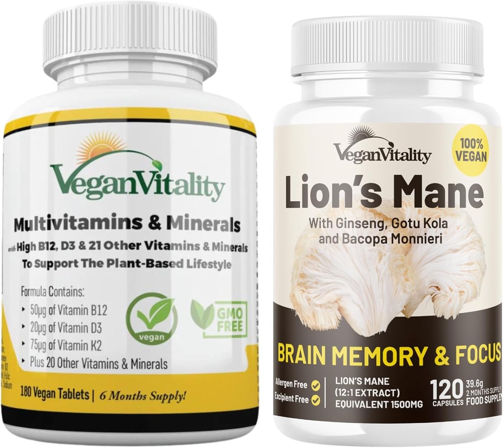 Vitalité végétalienne Mane du lion x Santé générale Combo Bundle - 6 mois Mane du lion et multivitamines