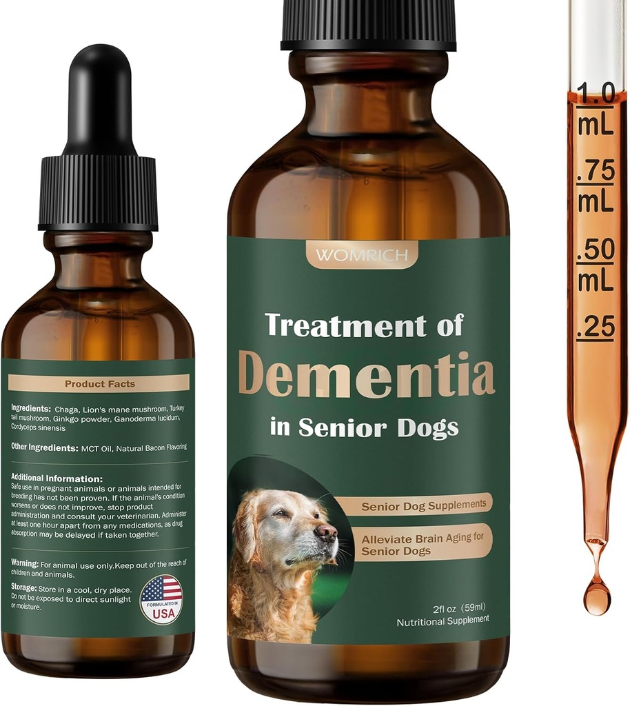 Senior Dog Supplements for Brain Health & Nervous System Support, Mushroom Supplement for Dogs, Dementia Supplement for Calming & Relaxation, Addresses Getting Lost, Social Withdrawal - 59 ML