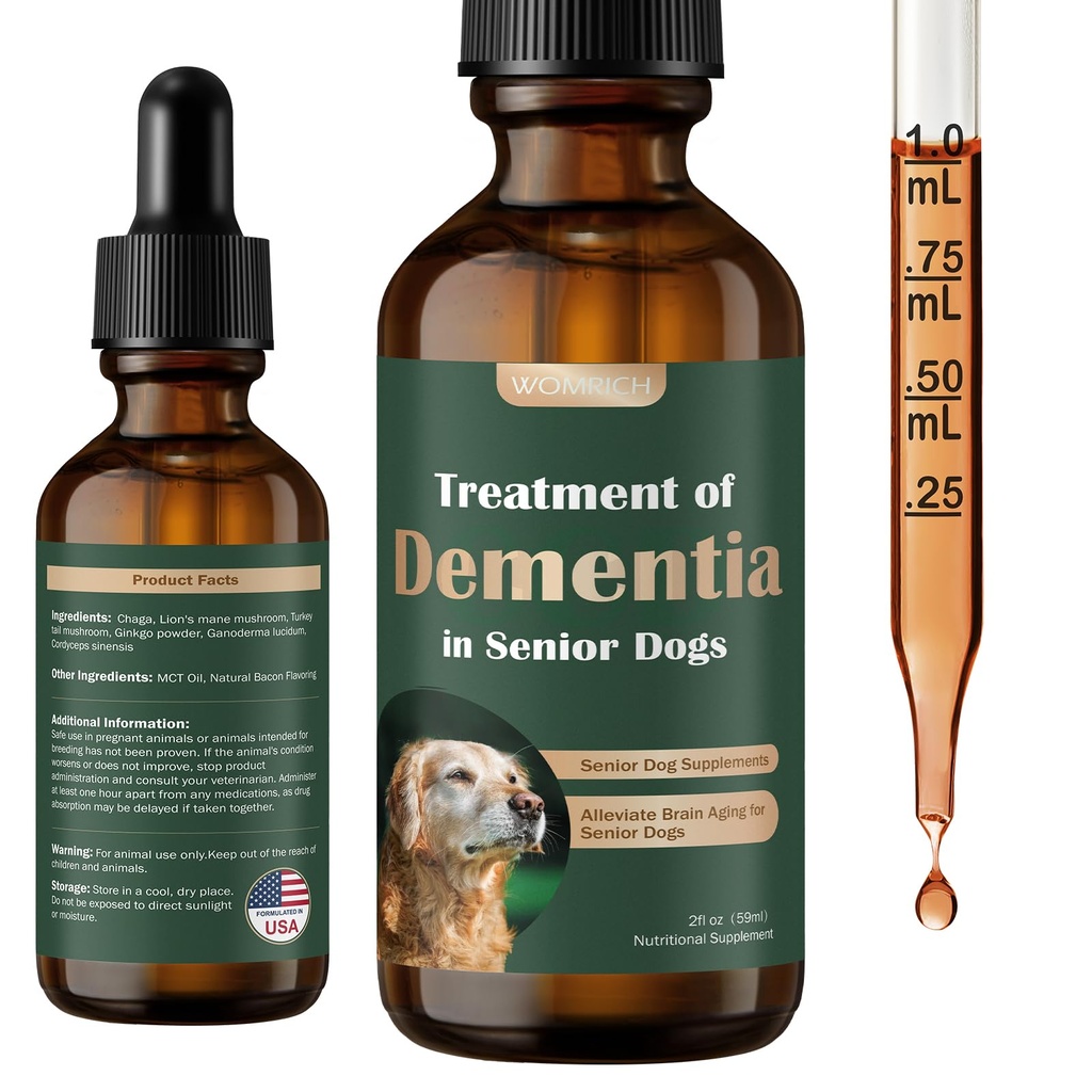 Suppléments pour chiens seniors pour la santé cérébrale et le système nerveux, Supplément pour champignons pour chiens, Supplément démence pour le calme et la relaxation, Adresses se perdre, Retrait social - 59 ML
