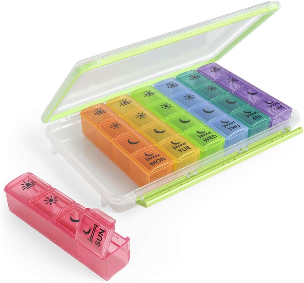 Dose faible hebdomadaire (7 jours) Cas de pilule, planificateur de médicaments, boîte d'organisateur de vitamines, pratique et facile à utiliser, X-Grands compartiments pop-out, 4 fois par jour, Rainbow Lids avec cas, sans BPA