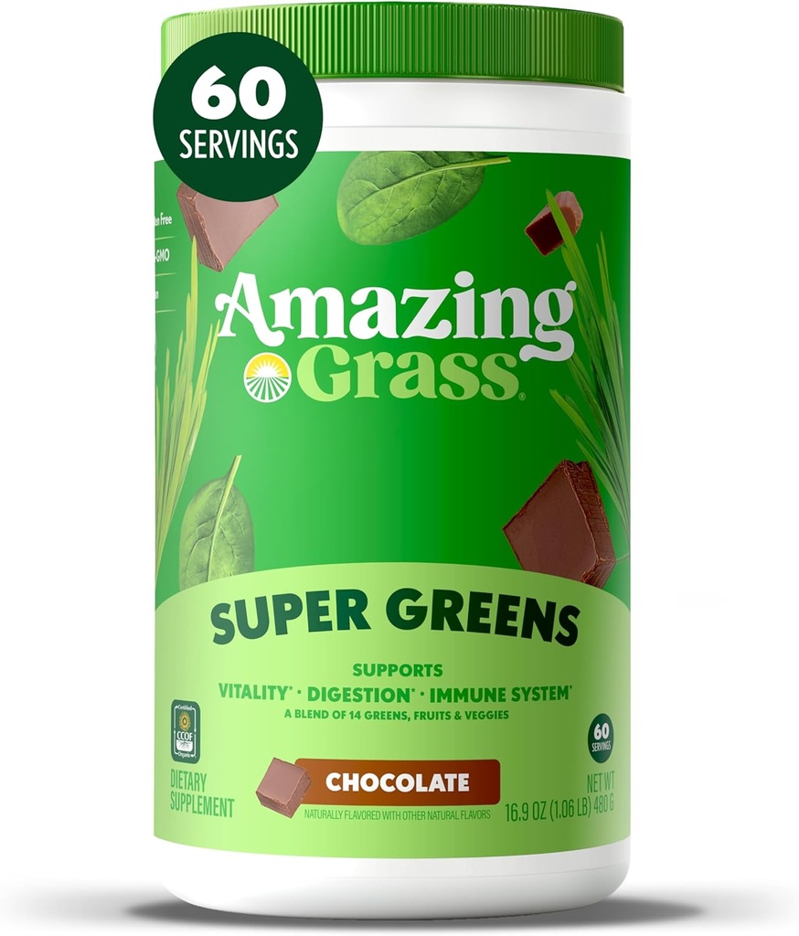 Amazing Grass Greens Superfood Poudre: Greens Poudre avec enzymes et probiotiques digestifs, Spiruline biologique, Chlorella et poudre de racine de betterave, chocolat, 60 portions