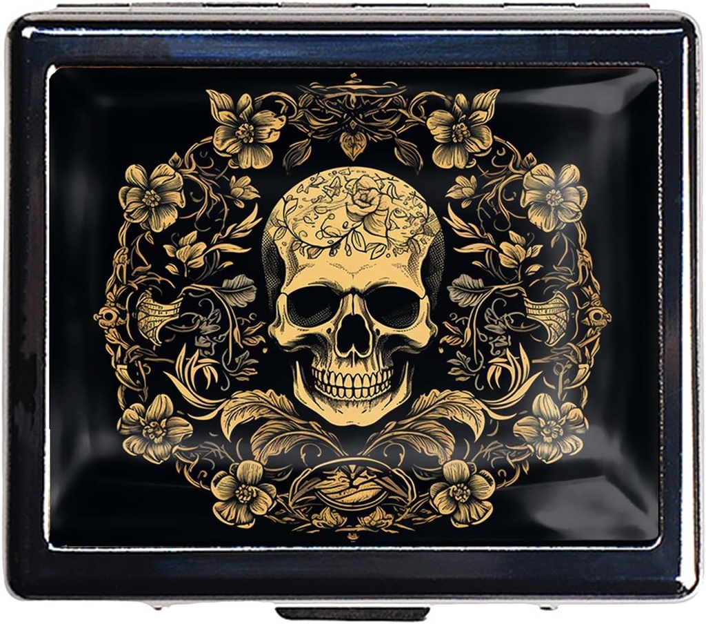 Silver Vintage Pill Box Boîte à pilules métalliques de 7 jours avec miroir et 8 compartiments Mignon organisateur de pilules de voyage pour la chasse (Crâne de fleurs d'art)