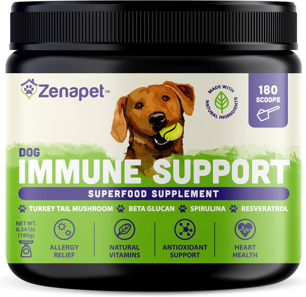 ZENAPET Dog Immune Support Premium Powder Topper, Turkey Tail, Spirulina & Beta-Glucan, Supporte un système immunitaire sain et la digestion, Human-Grade, Fabriqué aux États-Unis