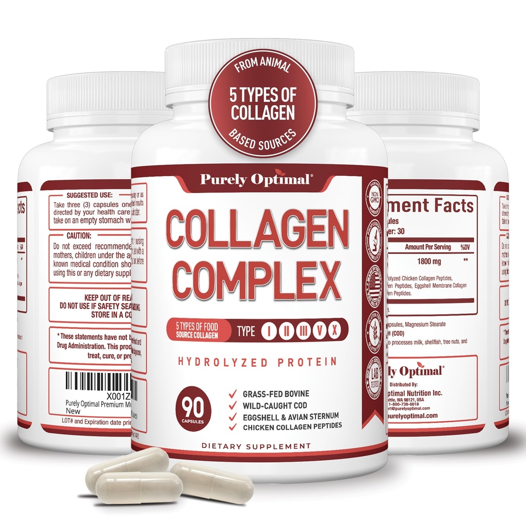 Purely Optimal Premium Capsules de Peptides Multi Collagènes (Types I, II, III, V, X) - Cheveux, peau et ongles, supplément de santé digestif et articulaire, pilules de Collagène hydrolysée (90 capsules)