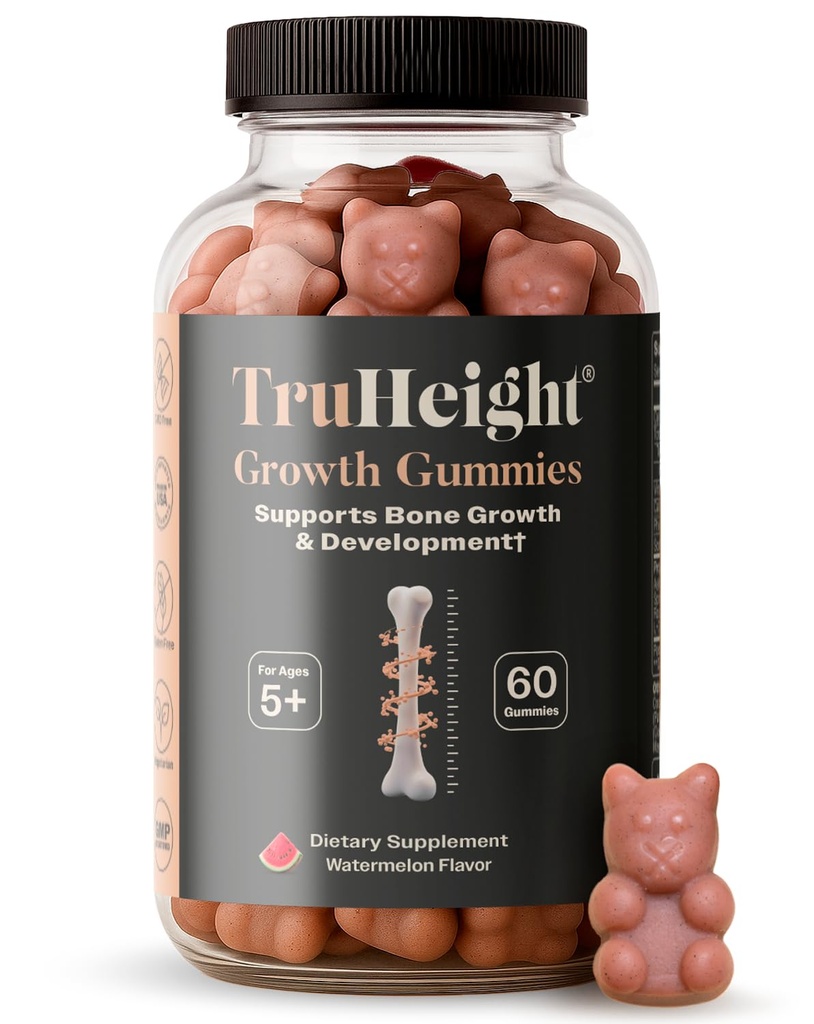 Gummies de croissance TruHeight (Watermelon) Supplément naturel de croissance et de développement pour les enfants et les adolescents - Vitamine D, K, Calcium et Ashwagandha - Vitamines de force osseuse D3 K2 - Picky Eater Vitamine - 5 ans et plus