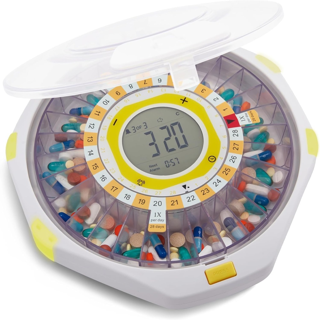 Distributeur automatique de pilules LiveFine Bluetooth, capacité de 28 jours, alertes sonores et lumineuses, serrure à clé, LCD et installation facile sur l'application LiveFine pour les prescriptions, médicaments, vitamines et suppléments - Couvercle gelé