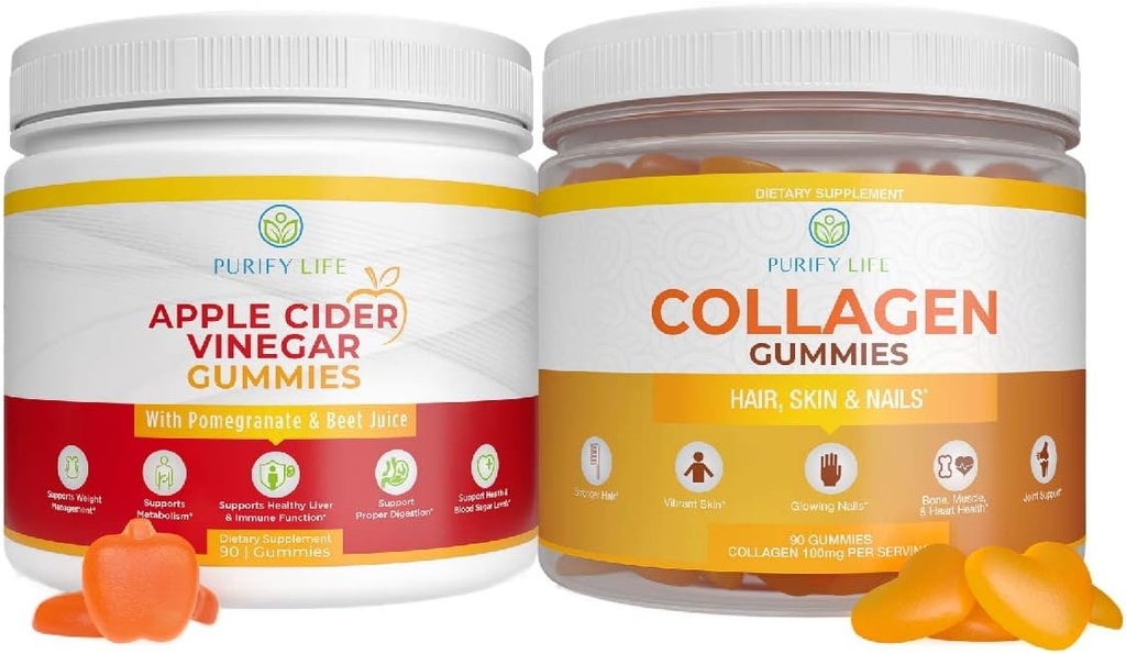 Vinaigre à cidre de pomme et ensemble de collagène, Gommies pour les femmes de croissance des cheveux, peau et ongles plus sains (Bulk 90 Gommies) Soins articulaires Vitamine, Immune Support, Détox, Métabolisme, hommes Femmes Acid Reflux