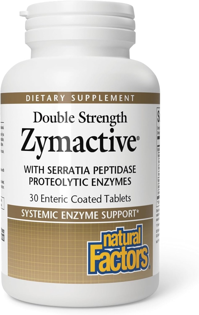 Facteurs naturels - Enzyme protéolytique zymactive double force, soutient une réponse inflammatoire saine pour aider la fonction musculaire et articulaire, sans gluten, non-OGM, 30 comprimés enrobés entériques