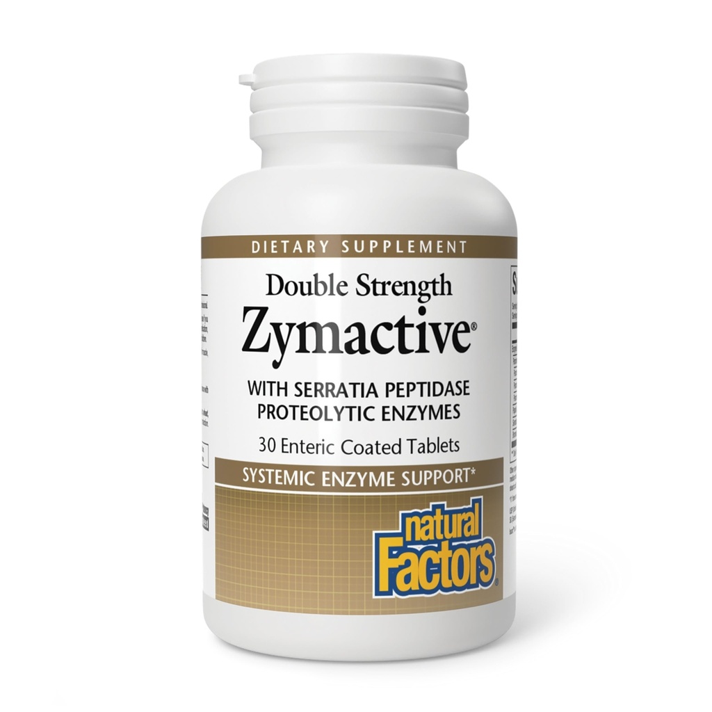 Facteurs naturels - Enzyme protéolytique zymactive double force, soutient une réponse inflammatoire saine pour aider la fonction musculaire et articulaire, sans gluten, non-OGM, 30 comprimés enrobés entériques