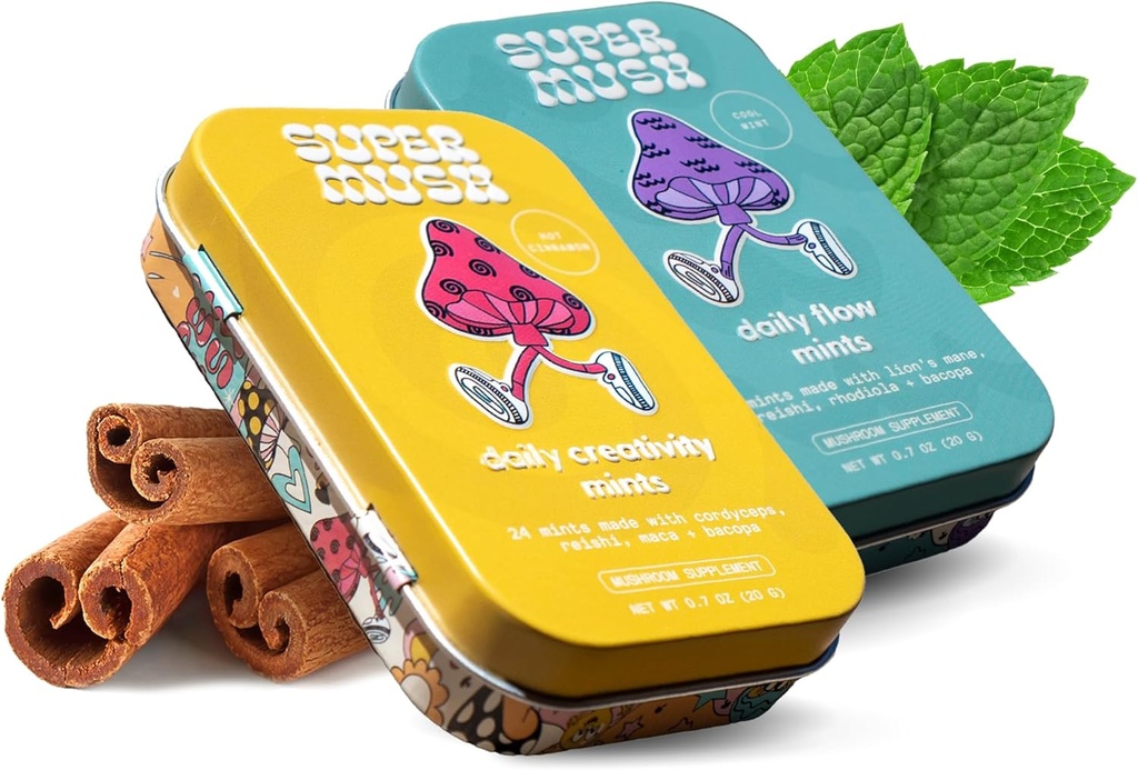 SuperMush Daily SuppleMint - 2 Menthes de flux et de concentration + 2 Menthes de créativité et de connexion - Suppléments de menthe de champignons - Manille de lions, Cordyceps et champignons mixtes Reishi