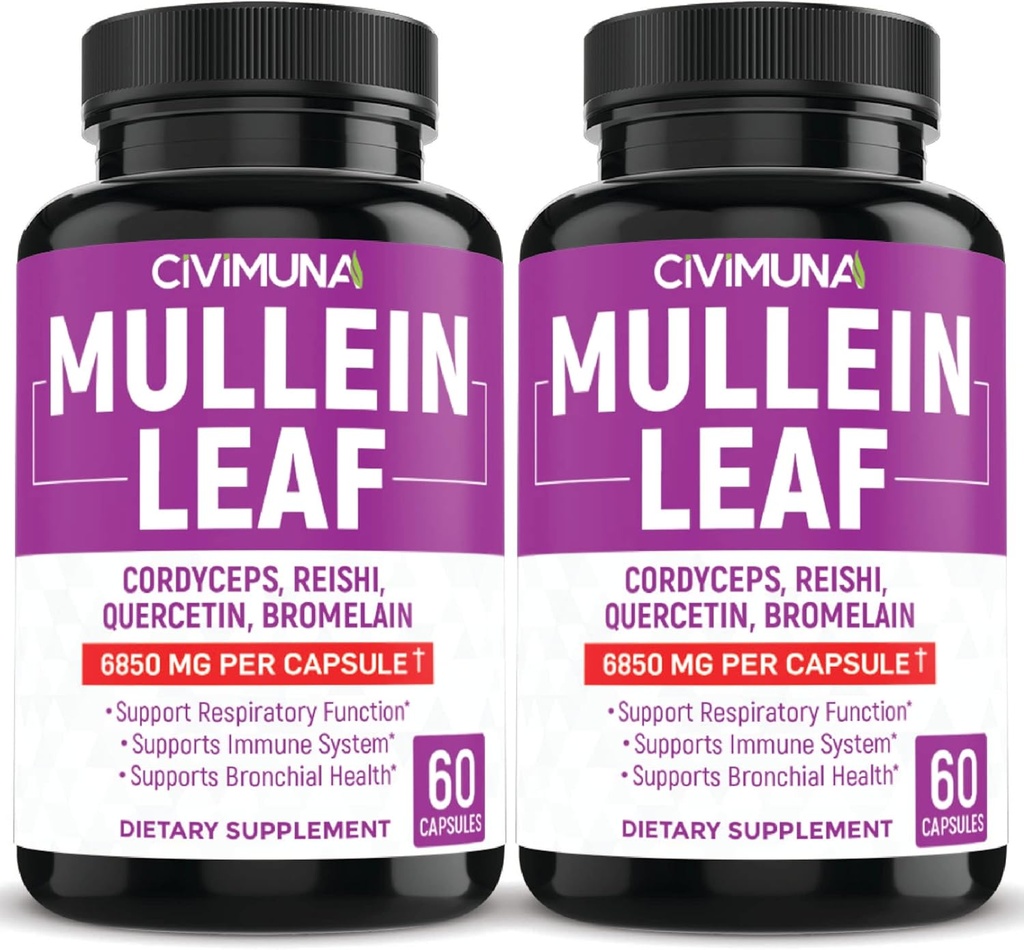 (2 boîtes) Mullein Leaf Capsules 6850mg - Mullein Leaf, Cordyceps, Reishi - 4 mois