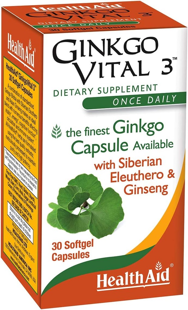 HealthAid Ginkgo Vital 3 – Ginkgo Biloba, Eleuthero de Sibérie et Ginseng de Coréen soutient la clarté mentale et la circulation