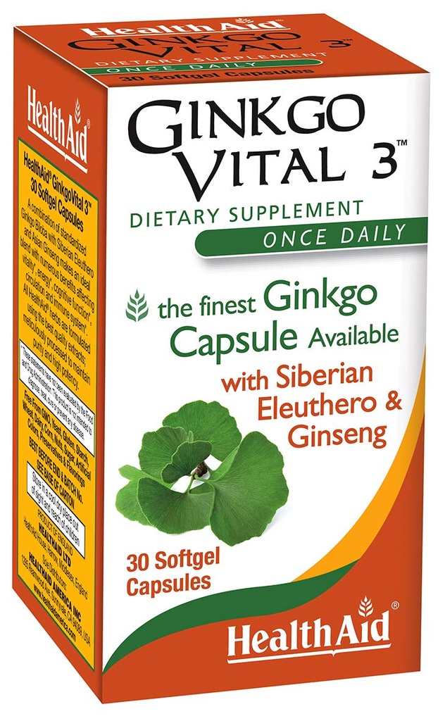 HealthAid Ginkgo Vital 3 – Ginkgo Biloba, Eleuthero de Sibérie et Ginseng de Coréen soutient la clarté mentale et la circulation