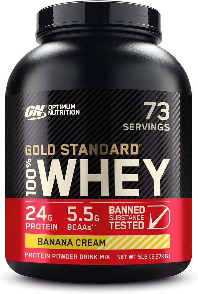 Optimum Nutrition Or Standard 100% poudre de protéines de lactosérum, crème de banane, 5 livres (emballage mai Vary)