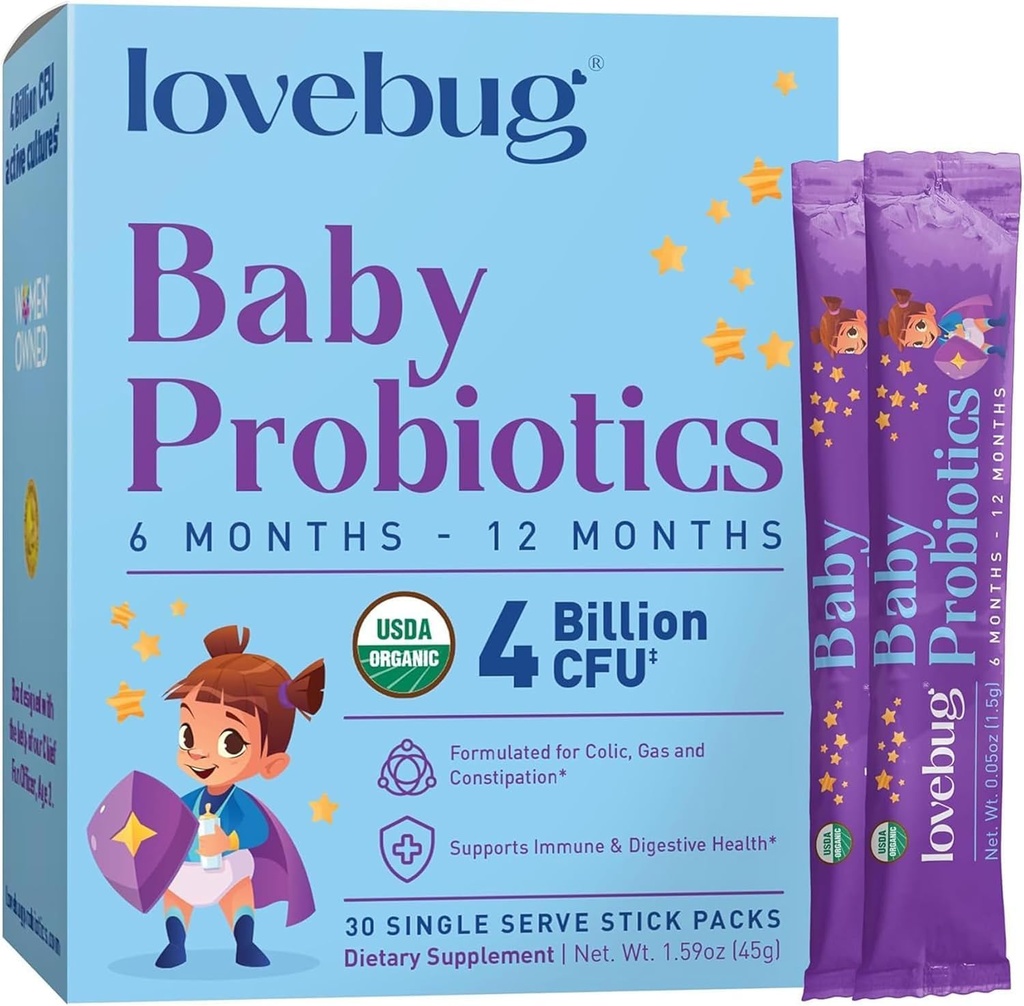 LOVEBUG Probiotiques pour bébés - Probiotiques pour bébés biologiques 6-12 mois pour le soutien immunitaire bébé, gaz, colique, diarrhée et de la constipation infantile soulagement sans sucre, poudre sans goût, 30 pack