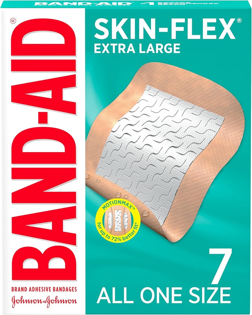 Bandes adhésives de marque Band-Aid Skin-Flex pour les premiers soins et les soins de la plaie des coupures et des éclats mineurs et des brûlures, bandes stériles flexibles pour les doigts et les genous, extra grand, tous de taille unique, 7 ct