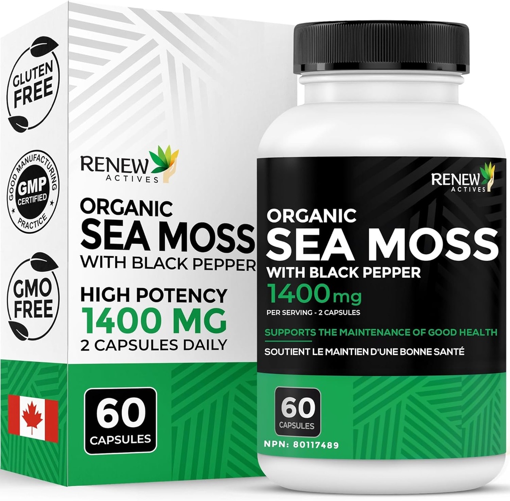 Renouveler le mélange antioxydant triple action de la mousse de mer avec BioPerine – Moss biologique de la mer d'Irlande 500MG, Bladderwrack 500MG et root 400MG par 2 capsules – Fabriqué au Canada - 60 capsules