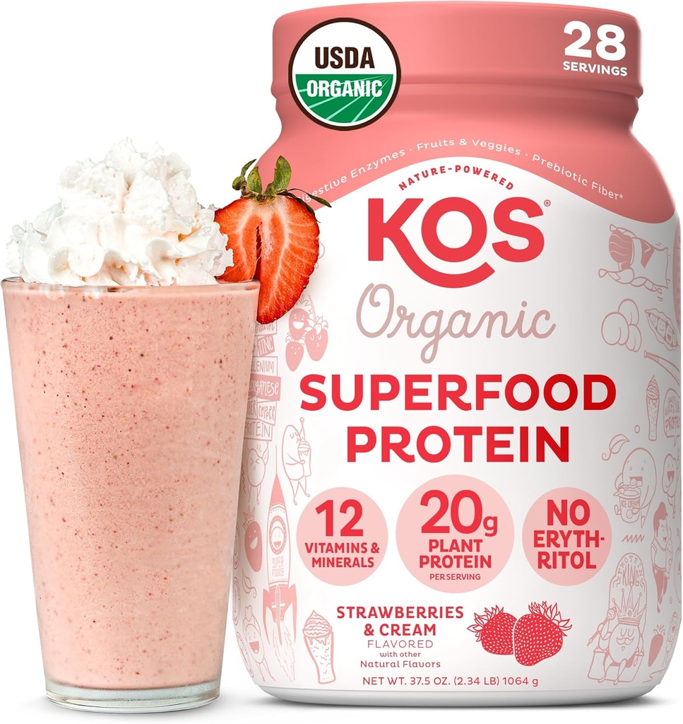 KOS Poudre de protéines végétales, fraises et crèmes USDA Organic - Mélange de protéines de pois à faible teneur en glucides, superaliments à base de plantes avec des vitamines et minéraux, sans gluten - Remplacement des repas pour les femmes et les hommes - 28 portions
