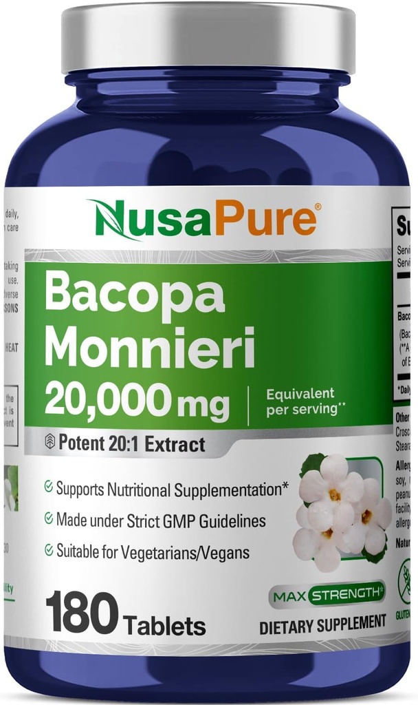 NusaPure Bacopa Leaf Monnieri Extrait 20 000 mg 180 comprimés (Extrait 20:1, non-OGM, sans gluten)