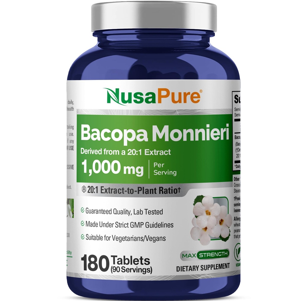 NusaPure Bacopa Leaf Monnieri Extrait 20 000 mg 180 comprimés (Extrait 20:1, non-OGM, sans gluten)