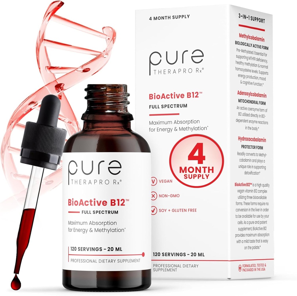 BioActive B12 Plein spectre Vitamine méthylée végane B12 Méthylcobalamine liquide sublinguale, hydroxocobalamine et adénosylcobalamine 1 000 mcg par goutte (5 gouttes = 5 000 mcg / 4 mois d'approvisionnement) 20 ml