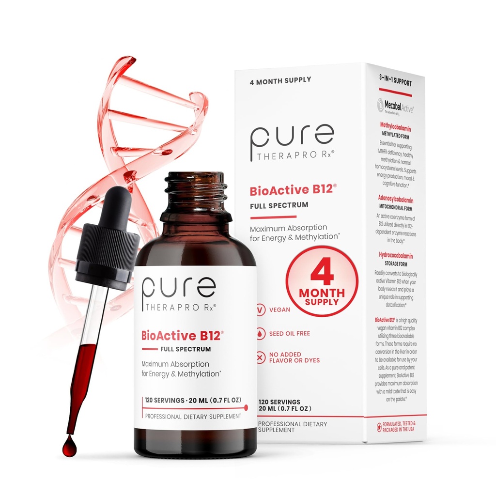 BioActive B12 Plein spectre Vitamine méthylée végane B12 Méthylcobalamine liquide sublinguale, hydroxocobalamine et adénosylcobalamine 1 000 mcg par goutte (5 gouttes = 5 000 mcg / 4 mois d'approvisionnement) 20 ml