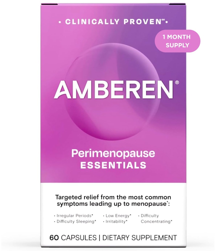Amberen Periménopause, soulagement multisymptômes Peri-Ménopause, vitamine B, supplément de vitamine E et d'antioxydants, cliniquement démontré pour aider à soutenir l'équilibre hormonal, les éclairs chauds et les sueurs nocturnes, 60 comte