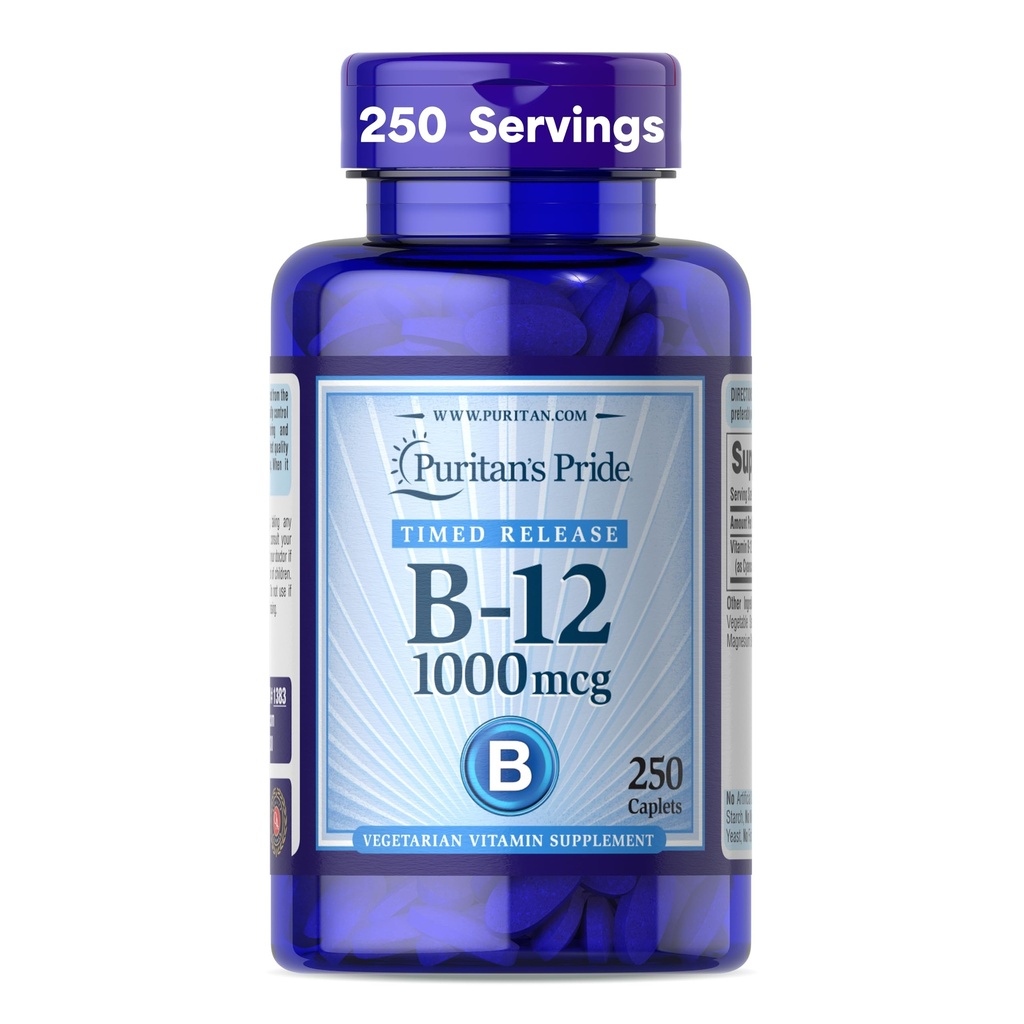 Puritan's Pride Timed Release Vitamin B-12 1000mcg, Vegetarian Dietary Supplement for Energy Metabolism, Heart, Circulatory, and Nervous System Health Support, 8 Month Supply, 250 Caplets