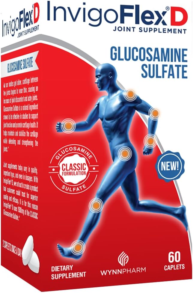 INVIGOFLEX® D - 1500mg de sulfate de glucosamine (formulation classique) - Supplément de joint premium pour les genoux, les mains, le dos et le soutien de hanche D: sulfate de glucosamine, caplets - 60 Ct