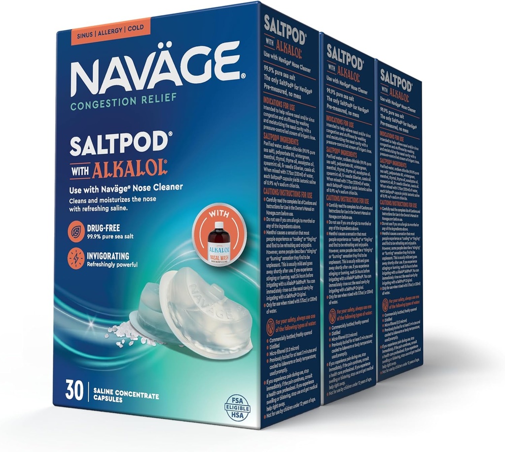 Sel de NavagePod avec Alkalol (3 30-Packs) - Conçu exclusivement pour le rinçage nasal de Navage - Sinus Rinse Alkalol Pods pour le soulagement rapide (90 SaltPod Recharges)