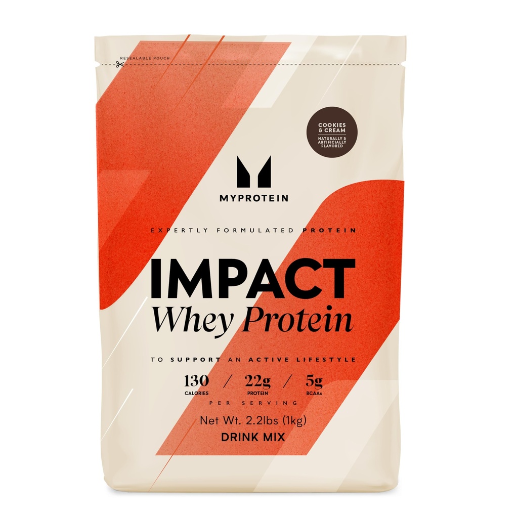 Myprotéine Impact Poudre de protéines de lactosérum, 2,2 Lbs (32 portions) Cookies et crème, 22g Protéines et 5g BCAA par portion, Secoue de protéines pour une performance supérieure, force musculaire et récupération, sans gluten